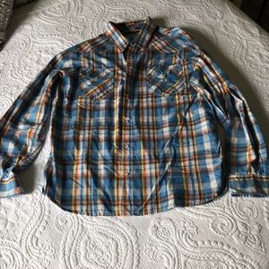 Men’s button down plaid dress shirt.